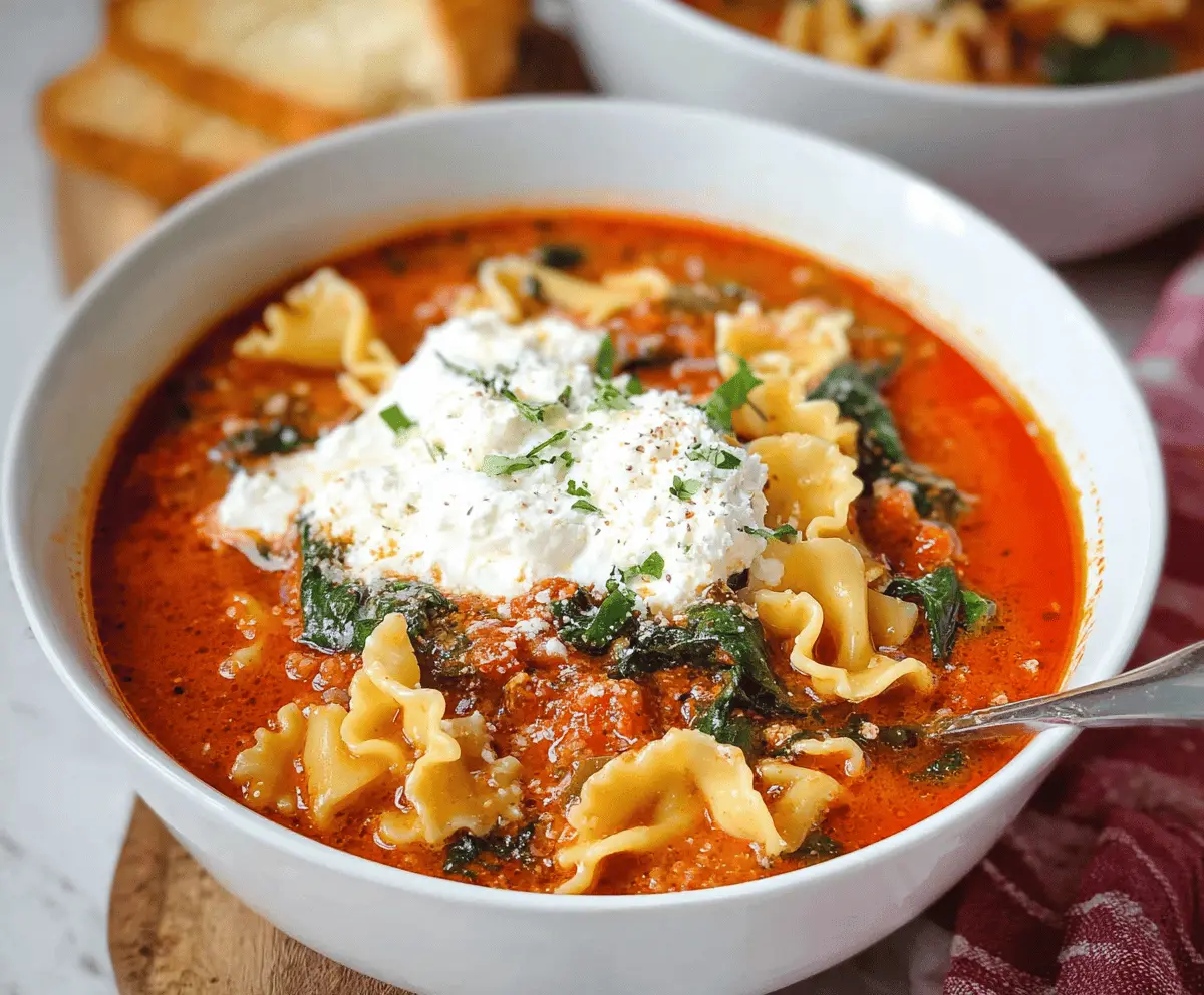 Creamy spinach and ricotta lasagna soup in a bowl topped with fresh herbs and melted cheese, perfect for a comforting, flavorful meal.