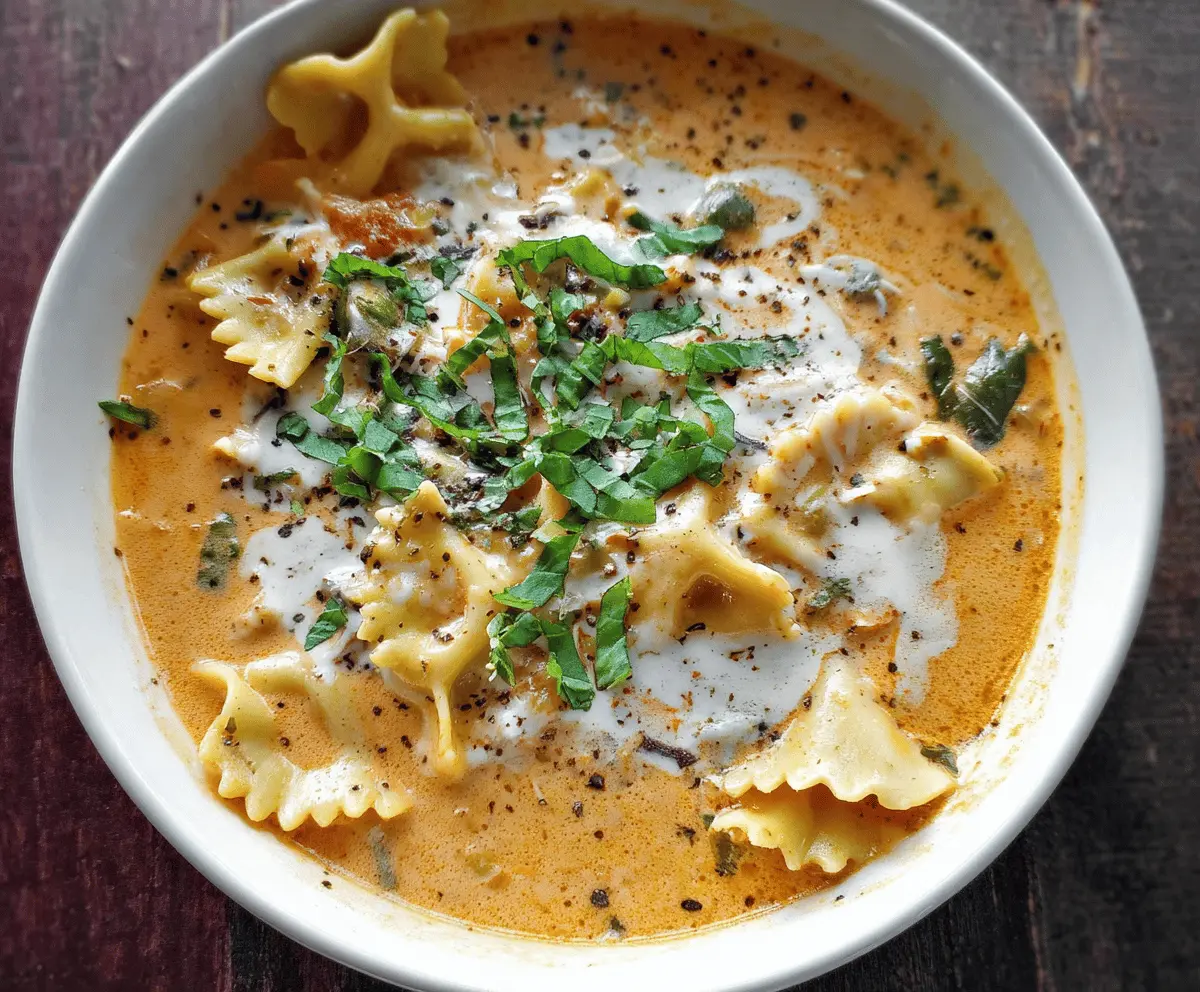 Creamy vegetarian lasagna soup with layers of pasta, spinach, and melted cheese in a rich broth served in a bowl.