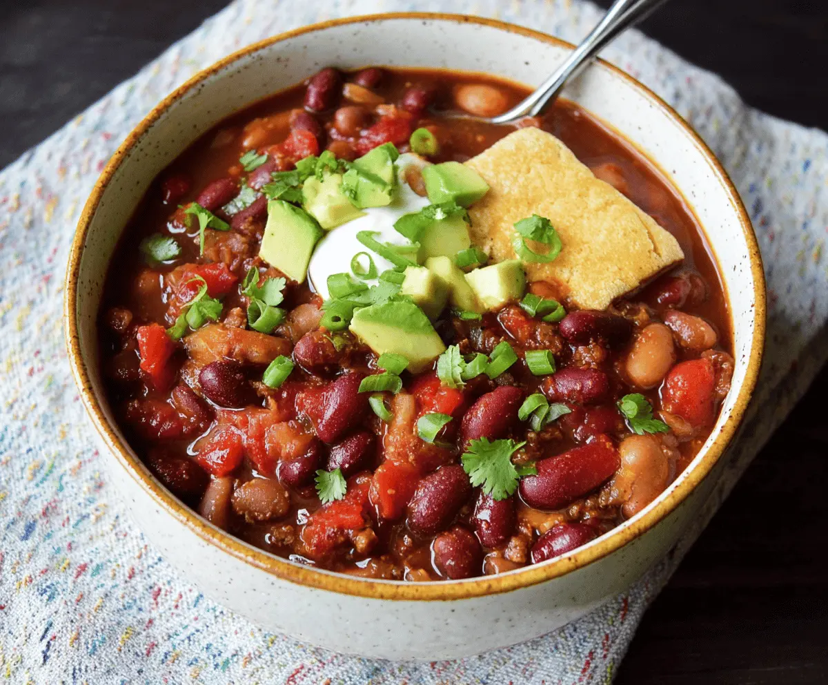 Hearty 3-Bean Chili in a bowl topped with shredded cheese and fresh cilantro, served with a side of cornbread