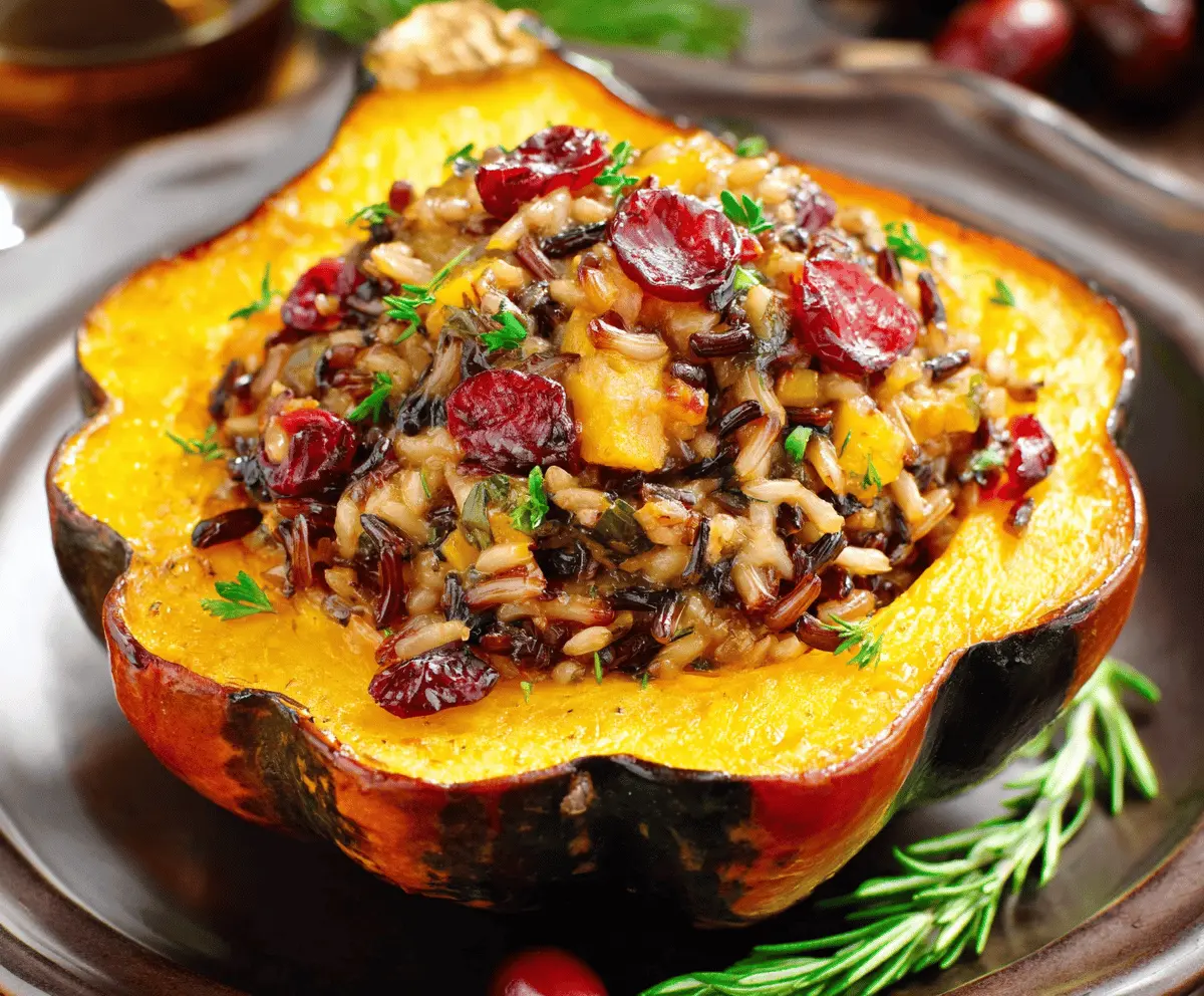 Roasted acorn squash half stuffed with wild rice, dried cranberries, and herbs, served as a delicious and healthy fall vegetarian dish.