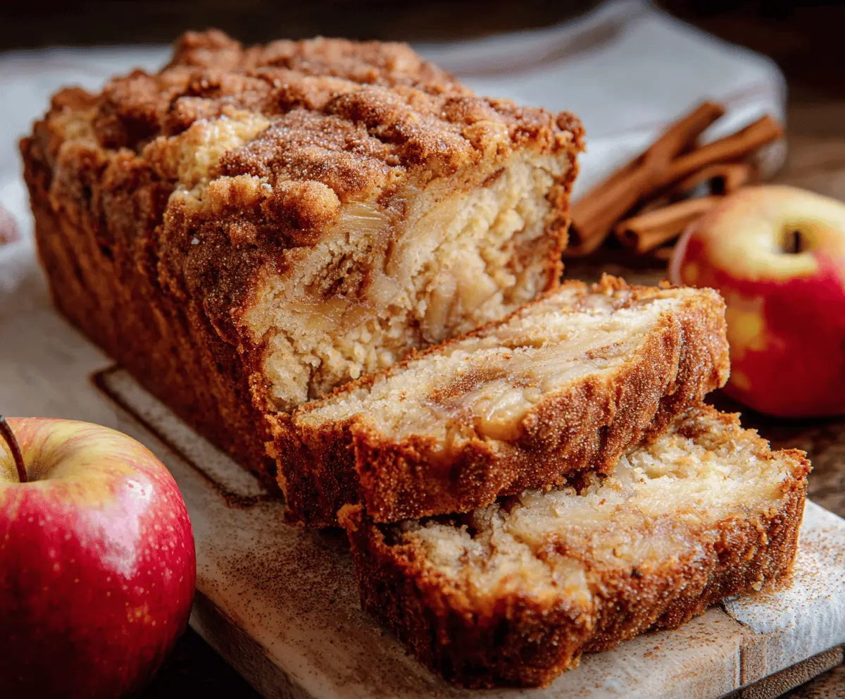 Golden slices of homemade apple bread with a moist texture and cinnamon-spiced aroma, perfect for breakfast or snack time.