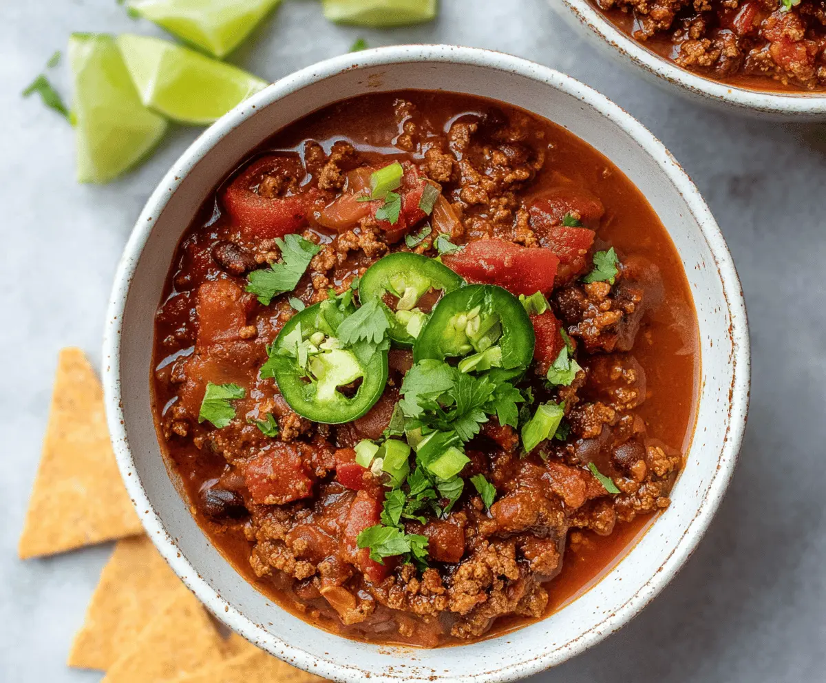 Hearty bison chili in a bowl with toppings, served in a rustic setting