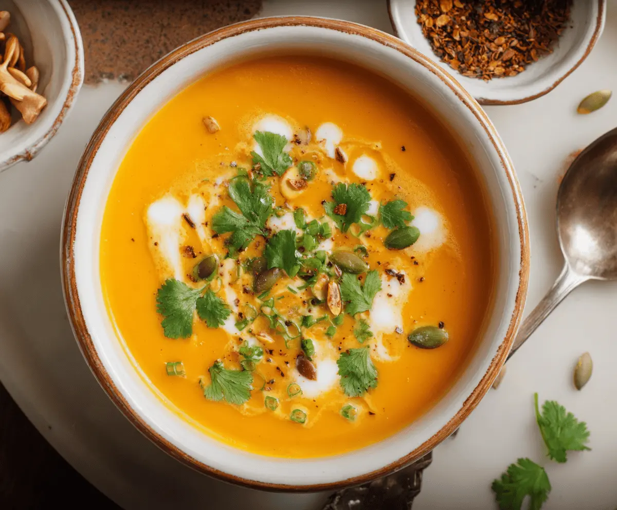 Creamy carrot ginger soup garnished with fresh herbs in a rustic bowl, perfect for a healthy and comforting meal.
