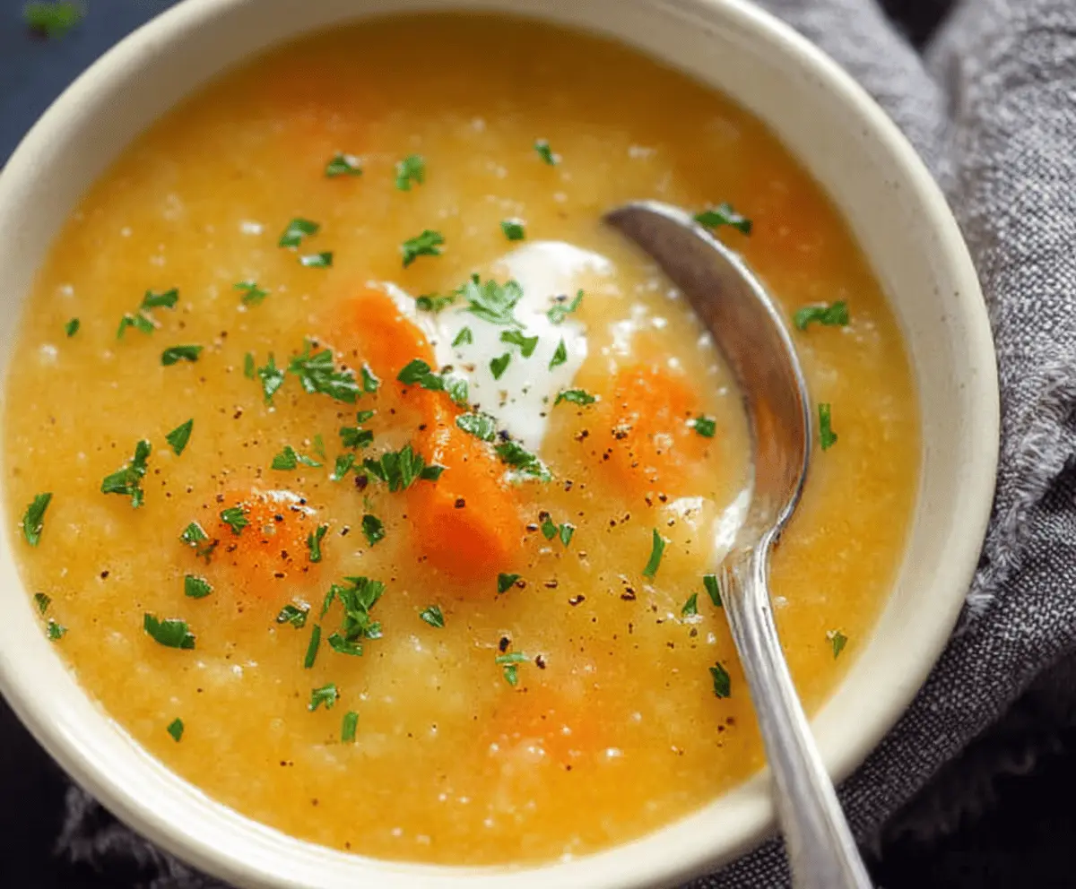A bowl of creamy carrot and potato soup garnished with fresh herbs, served with bread on a rustic wooden table.