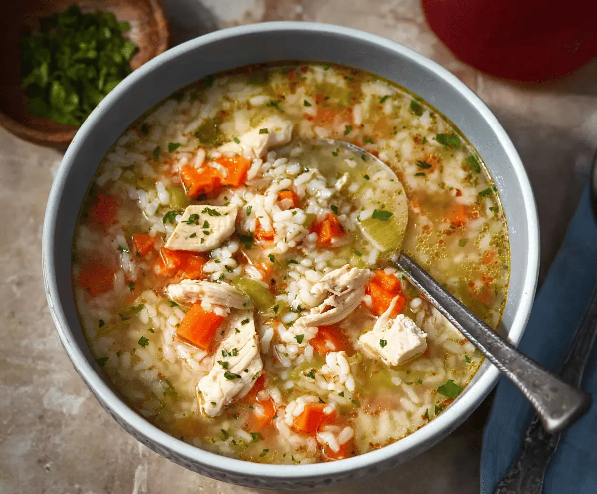 Creamy chicken and rice soup with tender chicken pieces, fluffy rice, and fresh herbs in a bowl, perfect for a comforting meal