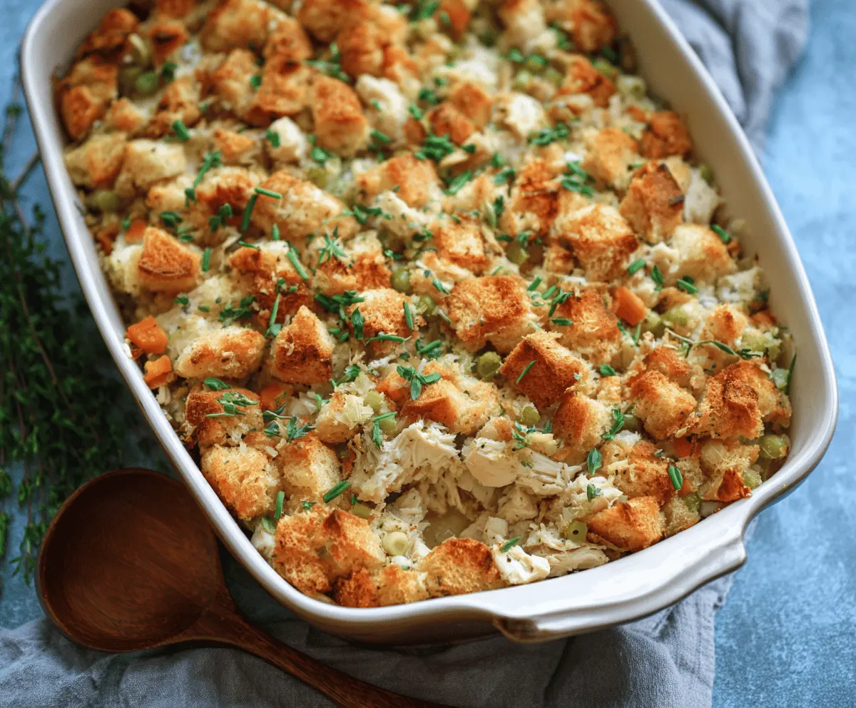 Delicious chicken and stuffing casserole topped with golden-brown crust, served hot on a white plate