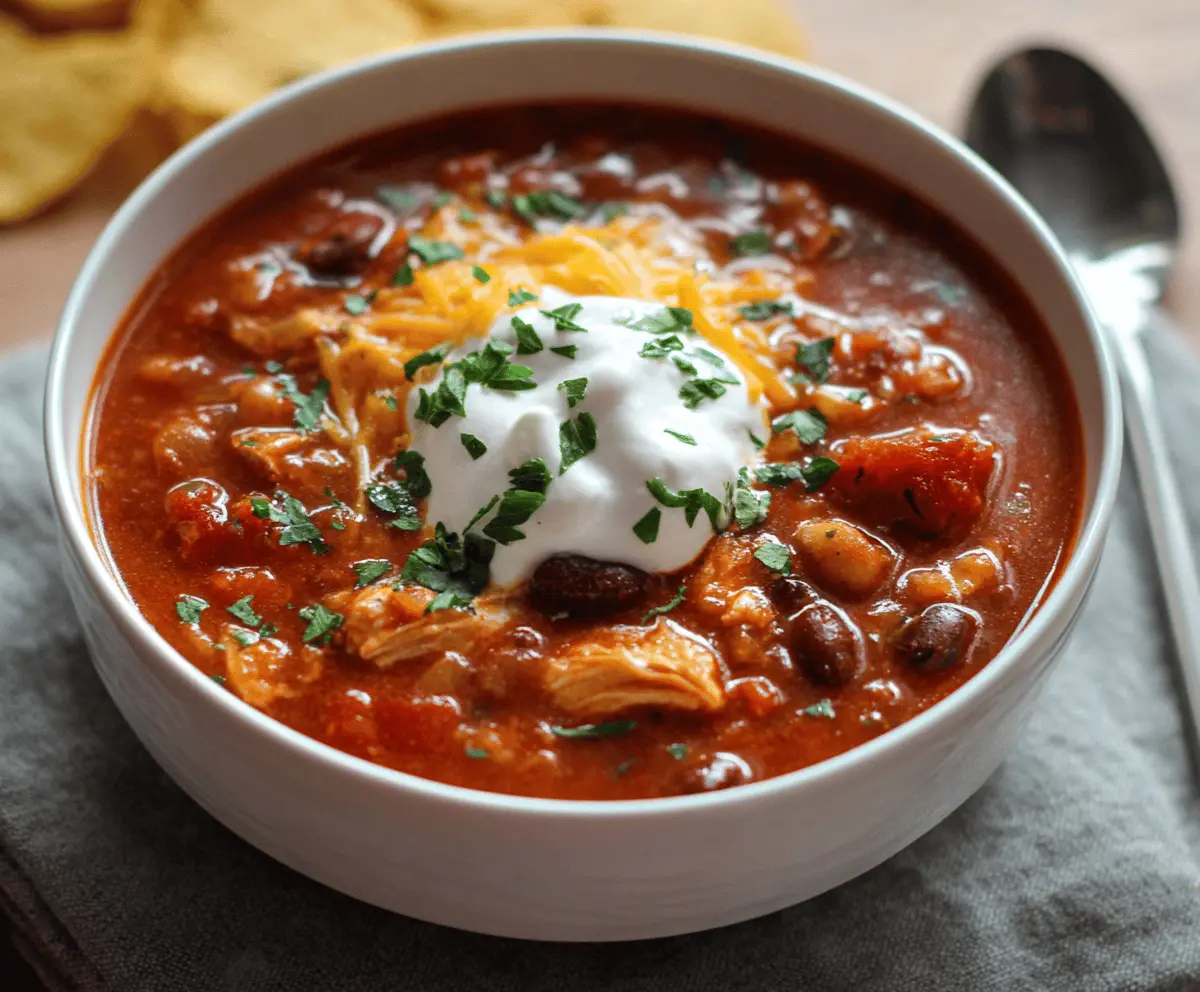Delicious homemade chicken chili in a bowl topped with fresh herbs and melted cheese, served with a side of warm bread