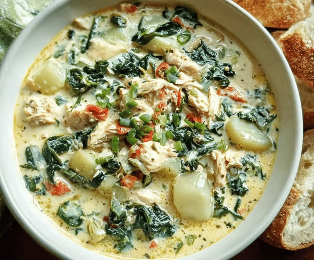 Creamy Chicken Florentine Soup garnished with fresh spinach and herbs in a white bowl, perfect for a comforting meal.