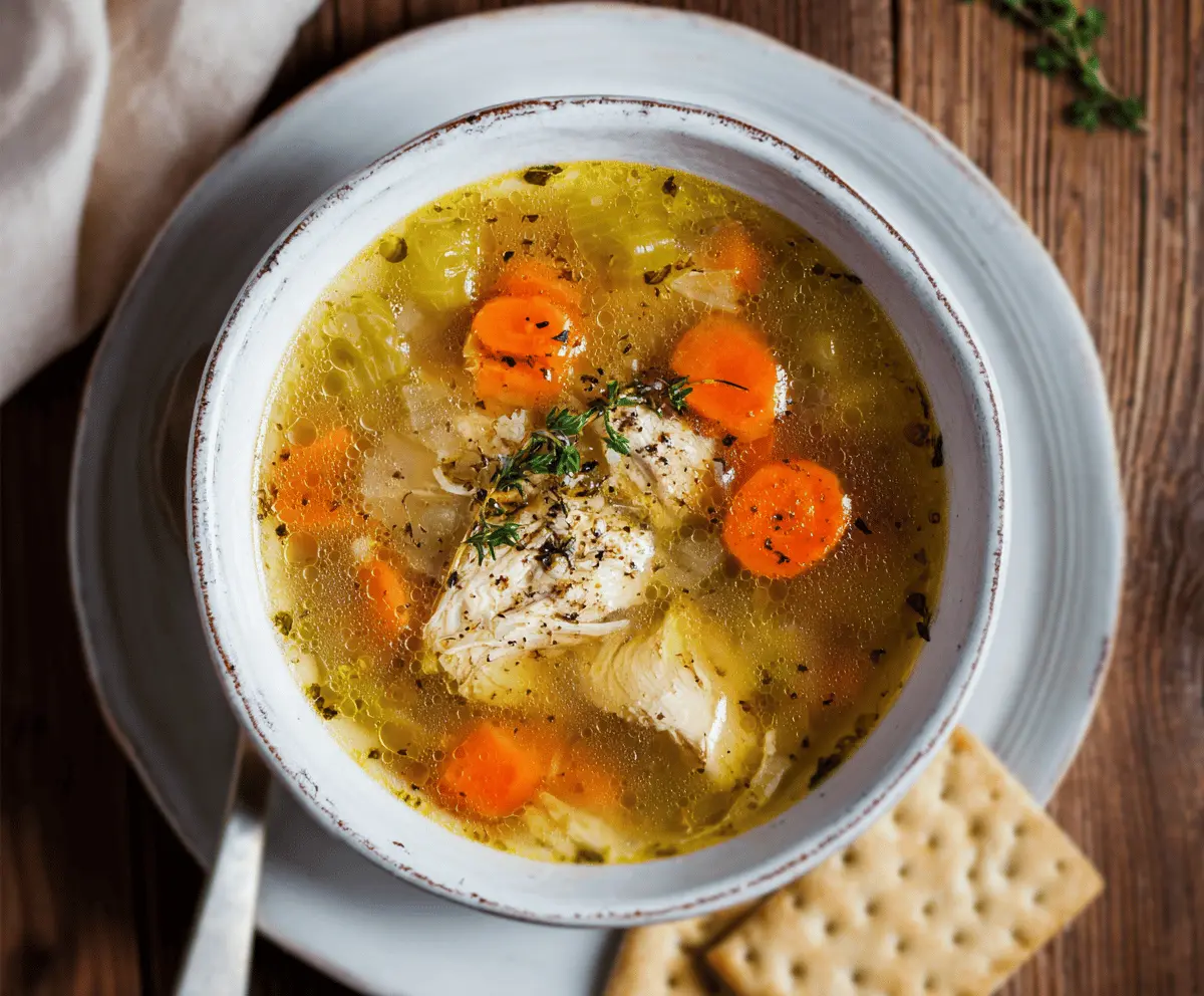 Warm and comforting homemade chicken soup with tender chicken, fresh vegetables, and herbs in a steaming bowl