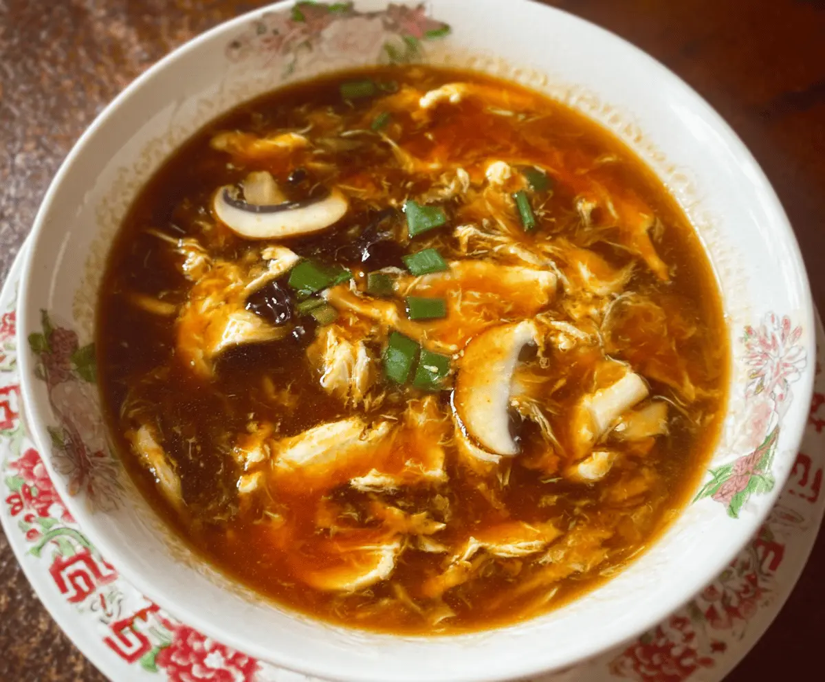 A steaming bowl of Chinese Hot and Sour Soup garnished with chopped green onions and sliced mushrooms, showcasing a flavorful, spicy, and tangy Asian appetizer.