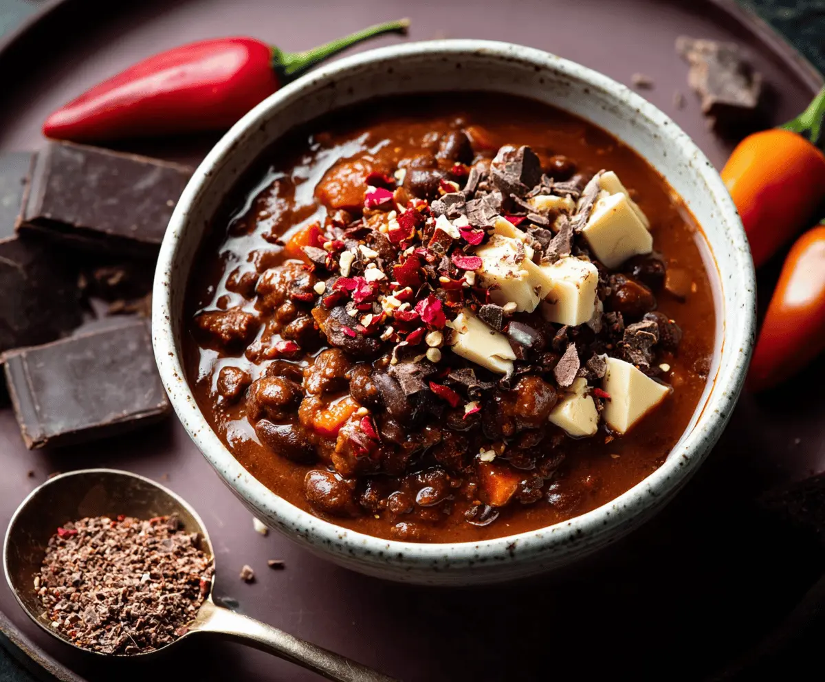 Rich and spicy chocolate chili in a bowl topped with cheese and fresh herbs, perfect for a comforting meal