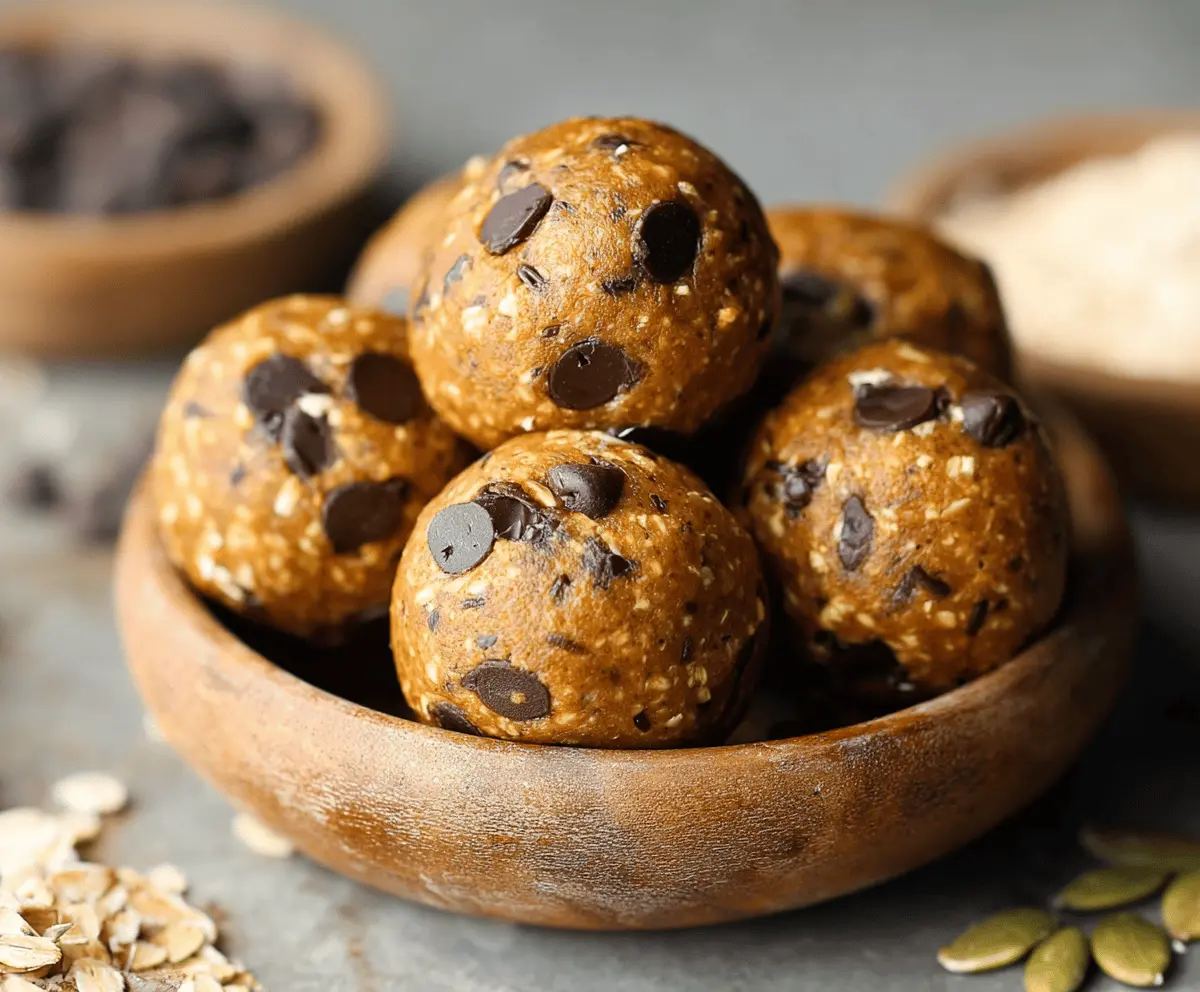 Delicious homemade chocolate chip pumpkin protein balls on a white plate, featuring oats, chocolate chips, and pumpkin puree, perfect for a healthy snack.