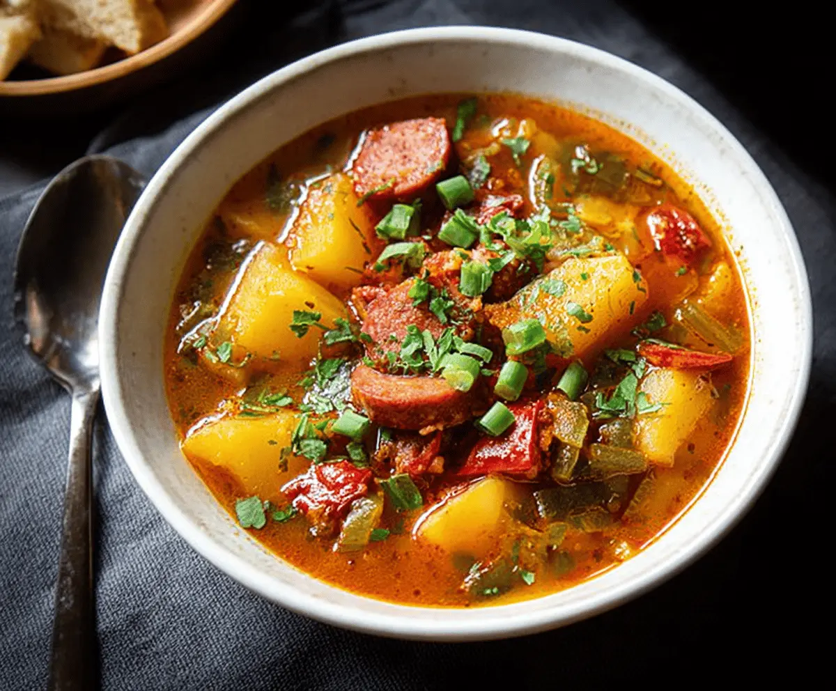 A steaming bowl of Chorizo and Potato Soup garnished with fresh herbs, featuring chunks of spicy chorizo, tender potatoes, and a flavorful broth.