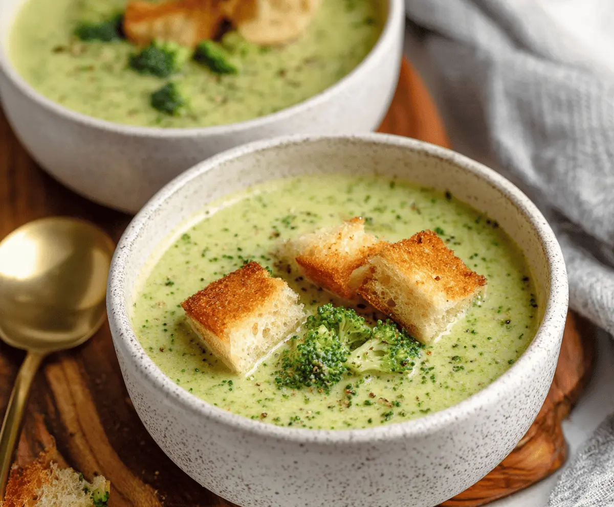 Cream of Broccoli Soup in a bowl topped with fresh herbs, served with a slice of crusty bread on a rustic wooden table.