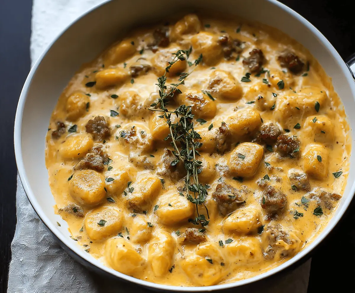 Creamy butternut squash gnocchi with sausage served on a plate, garnished with fresh herbs, in a vibrant and inviting presentation.