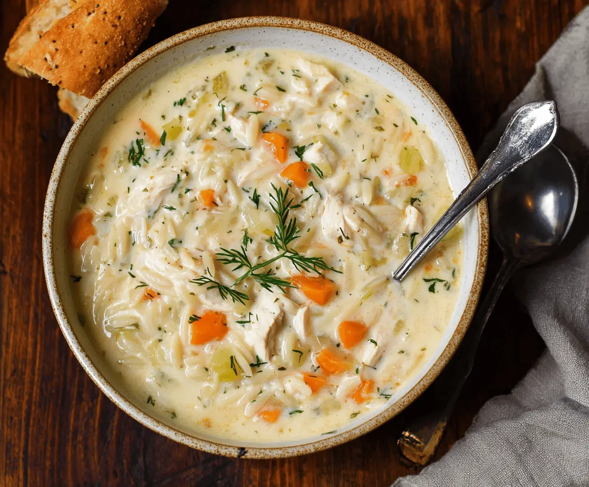 A bowl of creamy chicken orzo soup garnished with fresh herbs and served with crusty bread on the side.