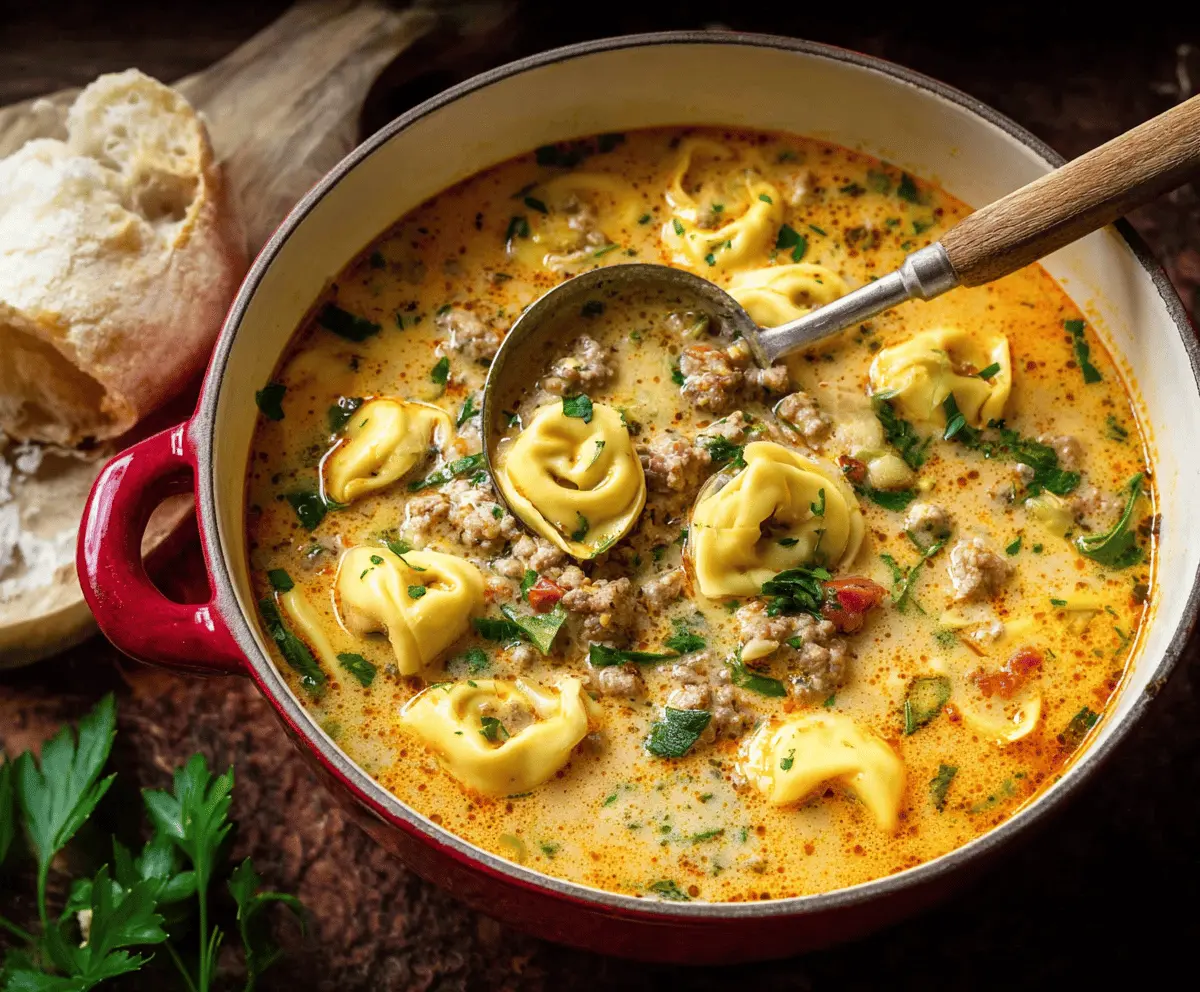 Creamy sausage tortellini soup with fresh herbs and grated cheese in a bowl, perfect for cozy meals