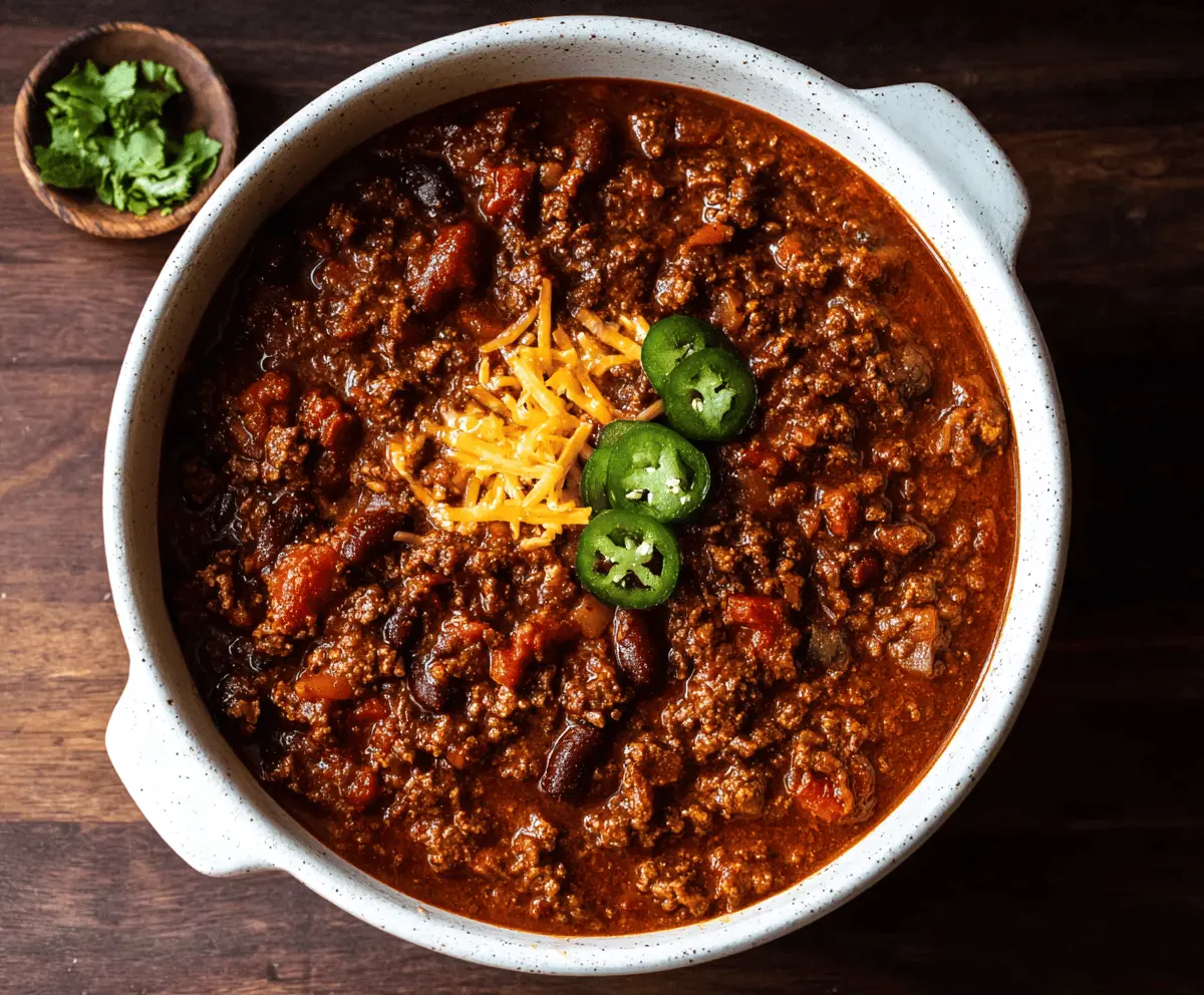 Hearty Dutch Oven Chili with beans, tomatoes, and ground beef in a rustic pot ready to serve.