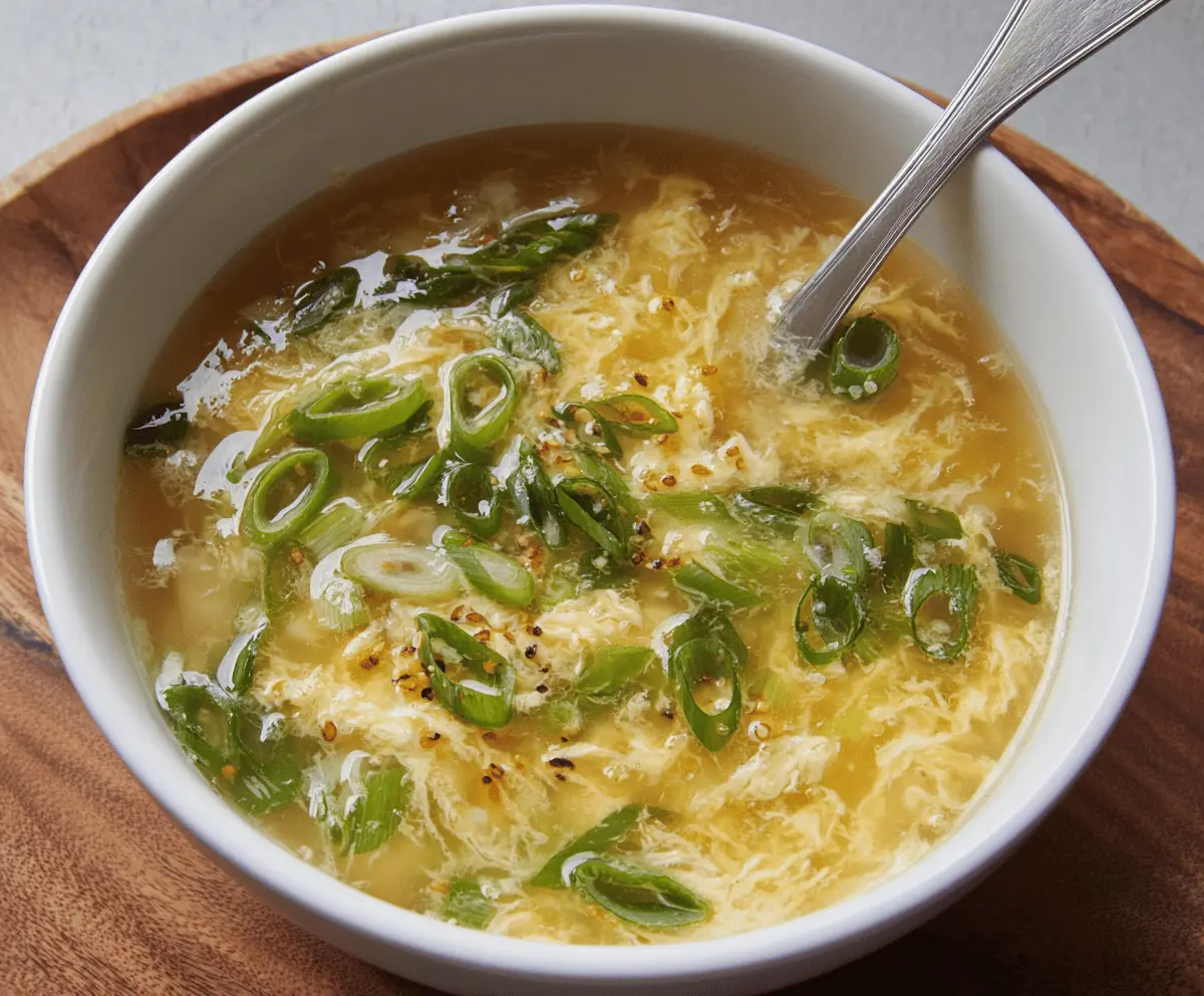 A steaming bowl of egg drop soup garnished with chopped green onions, featuring silky egg ribbons and clear broth, served in a white ceramic bowl.