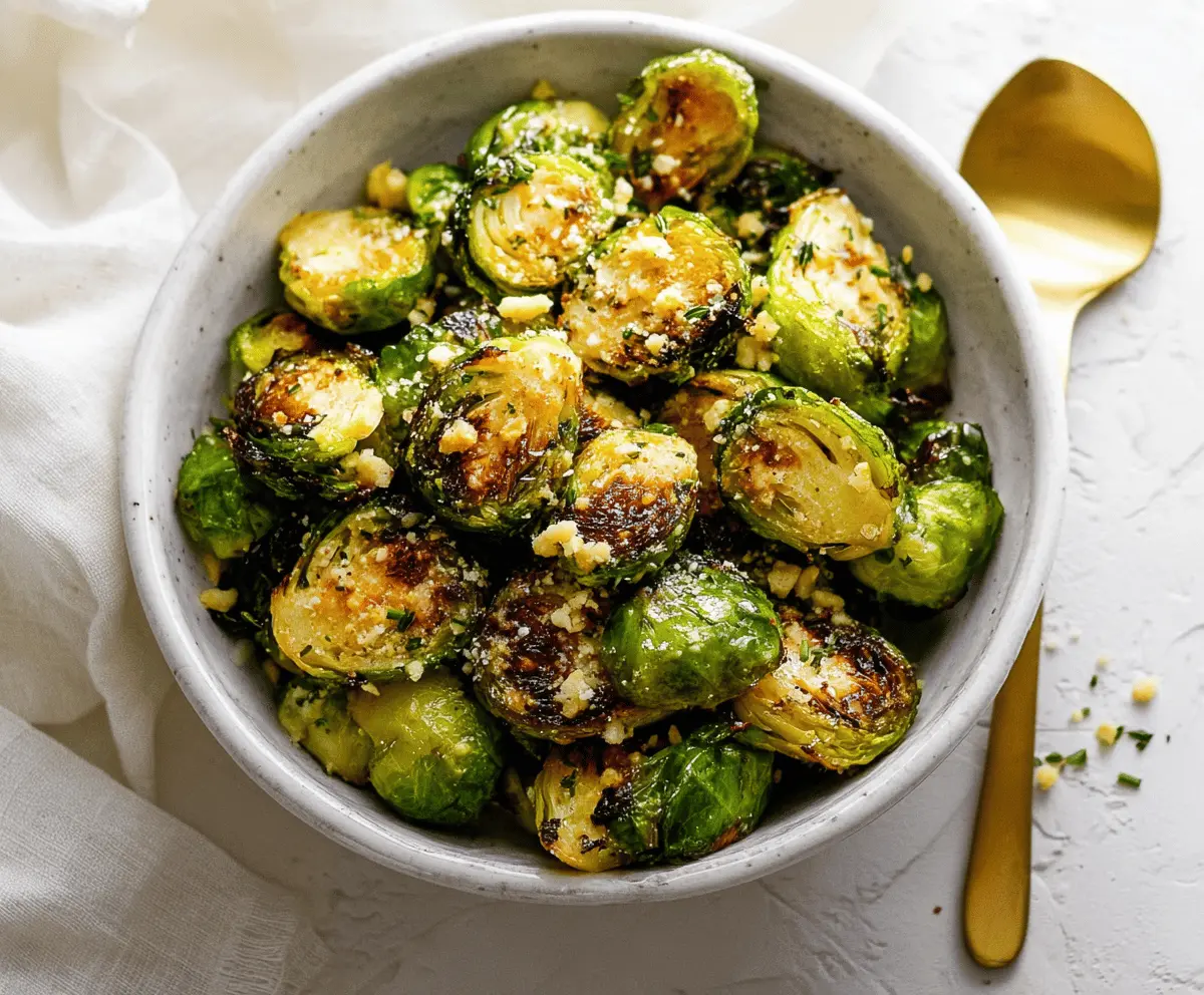 Golden roasted Brussels sprouts coated in garlic butter, garnished with fresh herbs, served on a white plate—perfect for a flavorful vegetable side dish.