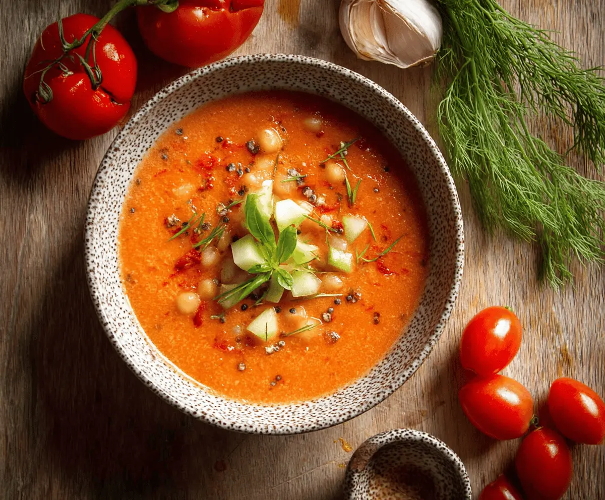Refreshing chilled gazpacho soup garnished with fresh herbs and diced vegetables, served in a glass bowl.