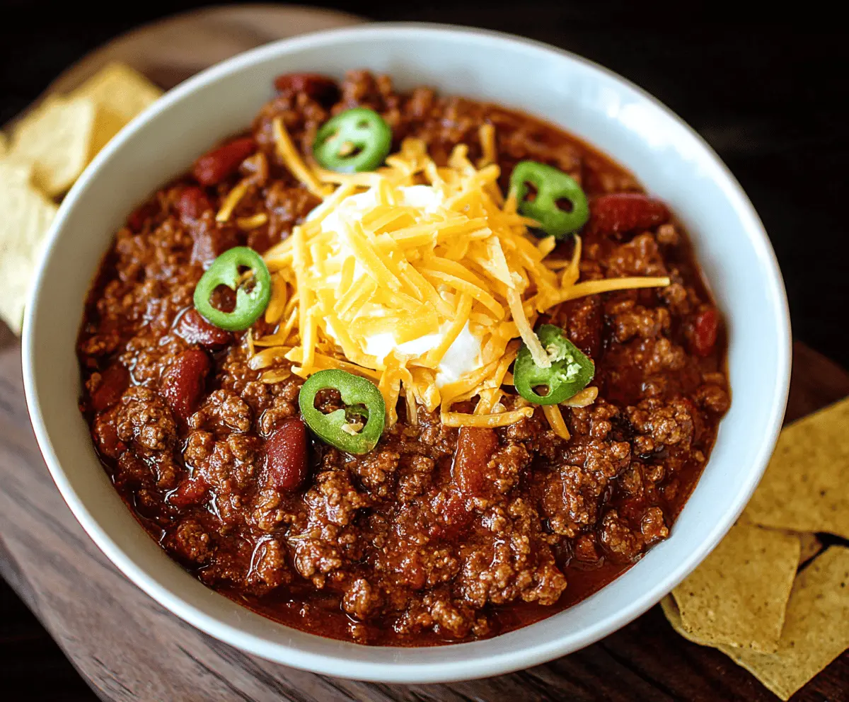 A hearty bowl of Ground Beef Chili topped with shredded cheese and fresh cilantro, served with crispy tortilla chips on the side.
