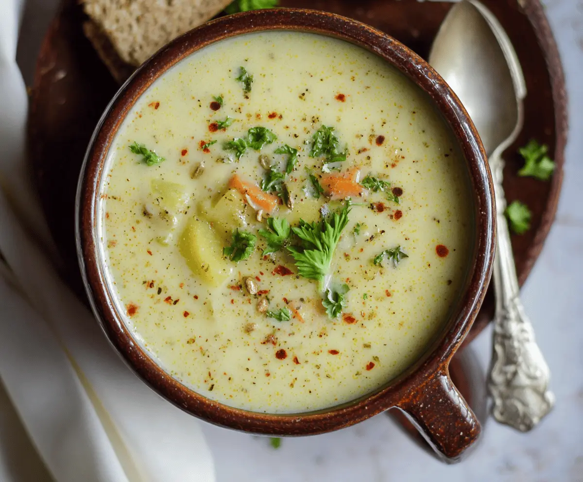 Creamy healthy potato soup garnished with fresh herbs in a rustic bowl, perfect for a nutritious and comforting meal