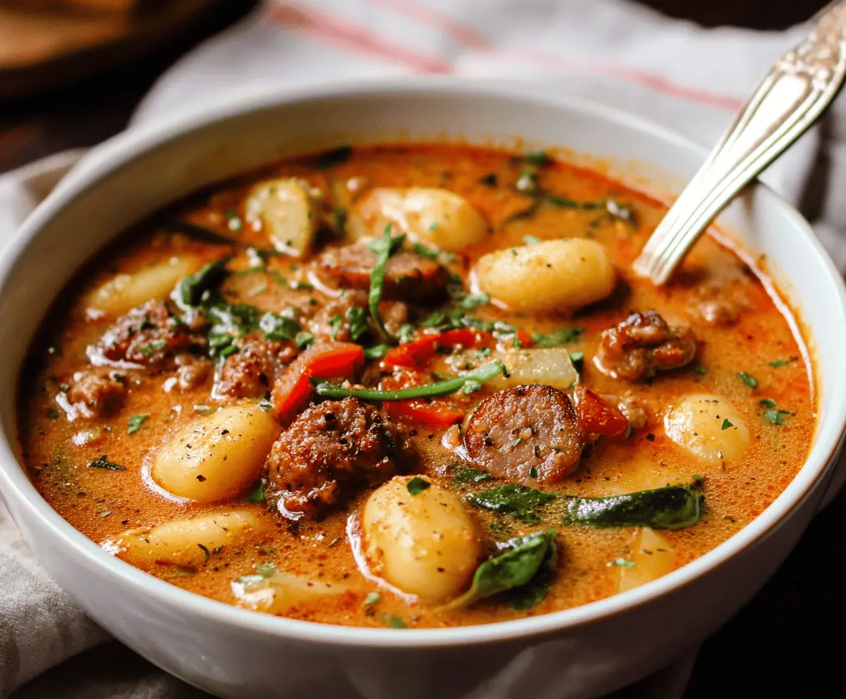 Creamy Hearty Sausage Gnocchi Soup featuring savory sausage, tender gnocchi, fresh vegetables, and rich broth in a comforting bowl