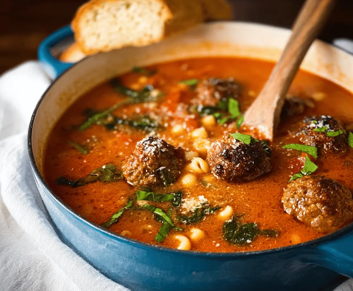 A bowl of hearty Italian Meatball Soup with homemade meatballs, fresh vegetables, and herbs in a flavorful broth, garnished with parsley.