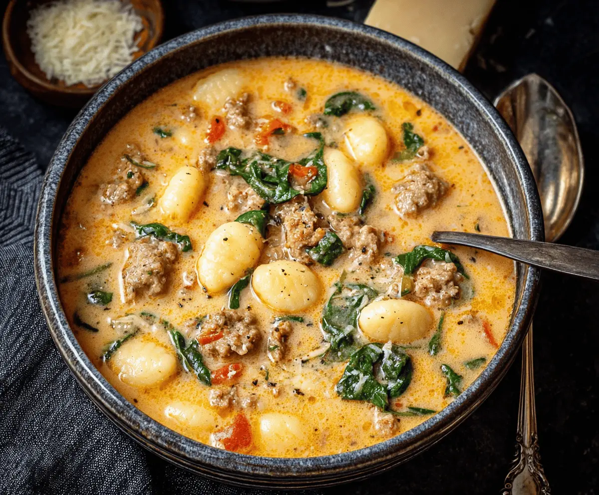 Creamy Italian Sausage Gnocchi Soup with spinach and herbs in a bowl, perfect for comforting meals