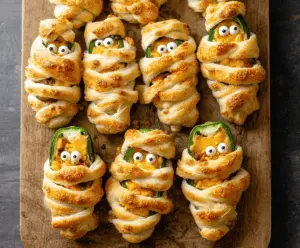 Delicious Jalapeño Popper Mummies wrapped in flaky pastry, garnished with melted cheese and crispy bacon for a spooky, flavorful appetizer
