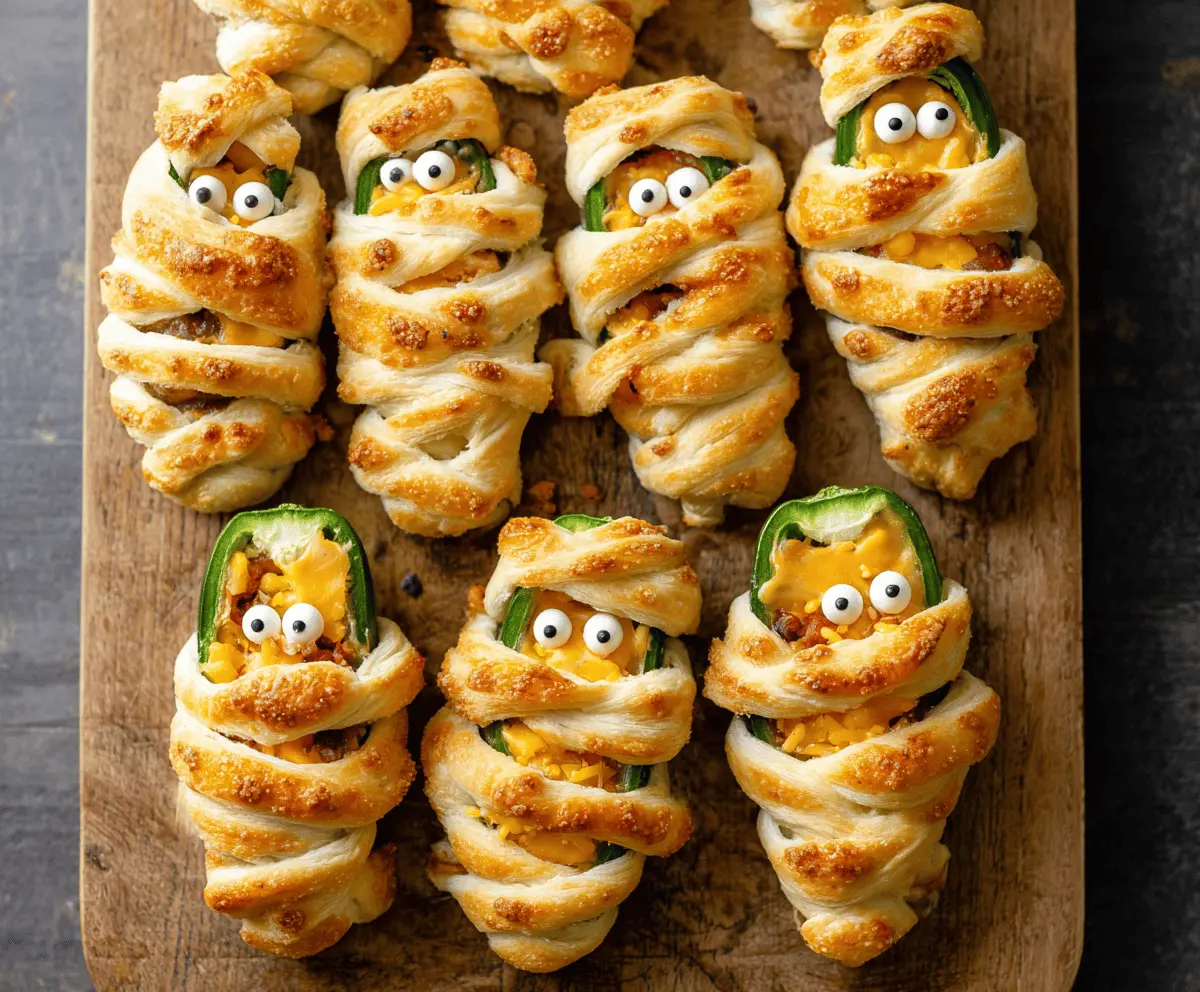 Delicious Jalapeño Popper Mummies wrapped in flaky pastry, garnished with melted cheese and crispy bacon for a spooky, flavorful appetizer