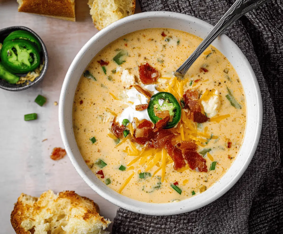 Creamy jalapeno popper soup topped with shredded cheese and crispy bacon bits, served in a bowl with fresh herbs