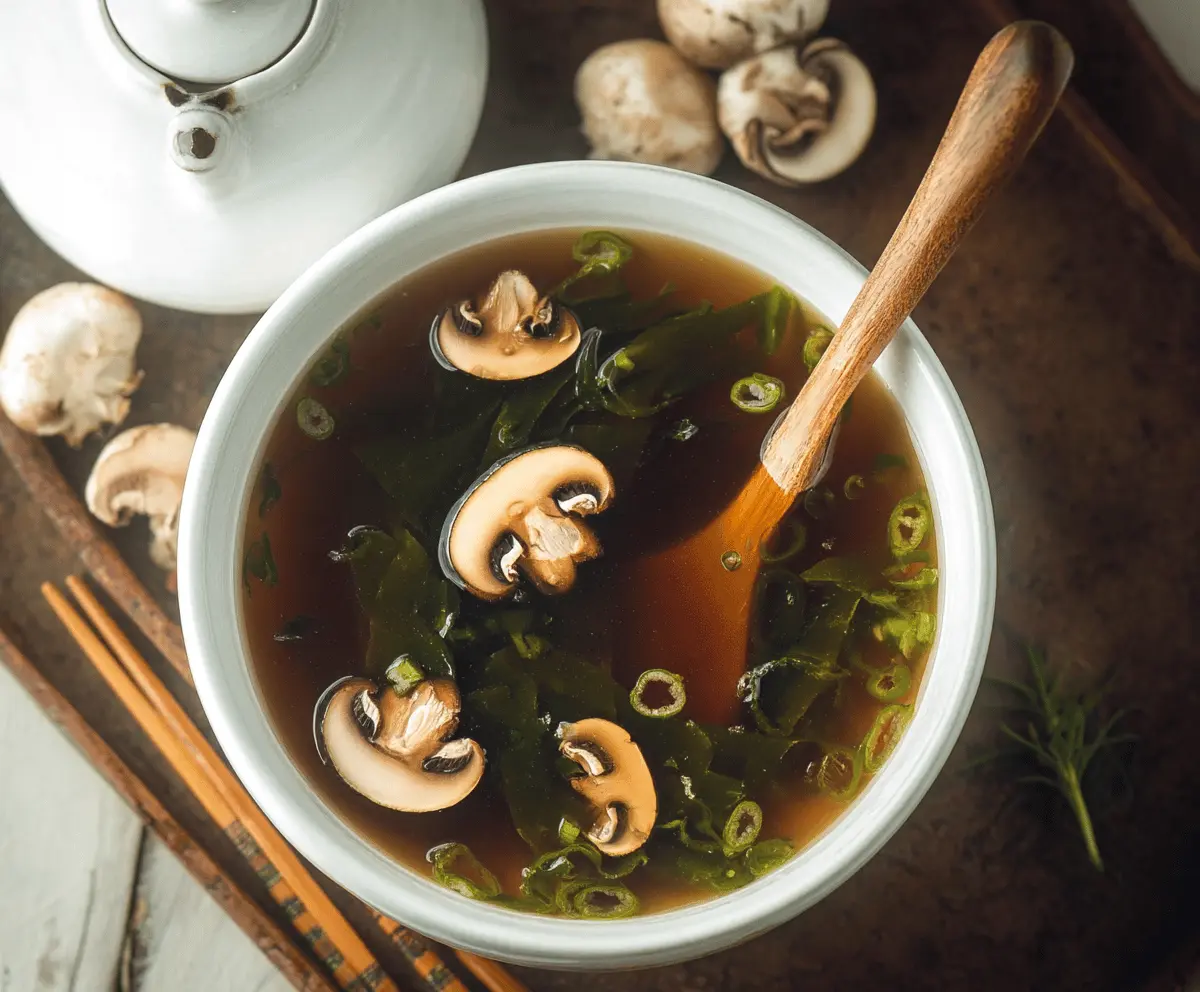 A steaming bowl of Japanese clear soup featuring delicate broth, fresh green vegetables, and tender slices of seafood, served in a traditional white bowl.