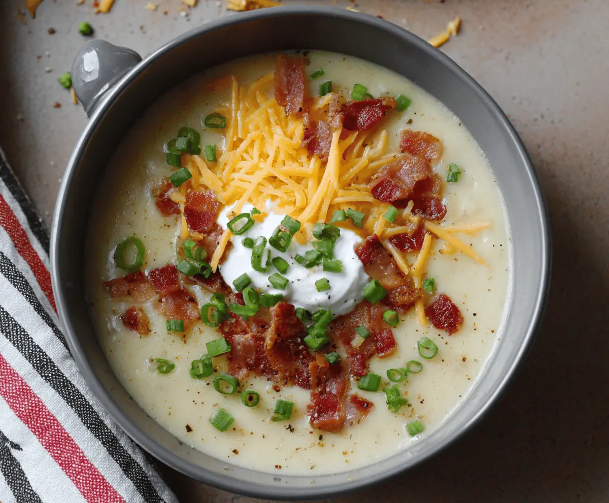 Creamy loaded baked potato soup topped with shredded cheese, crispy bacon bits, green onions, and sour cream in a bowl