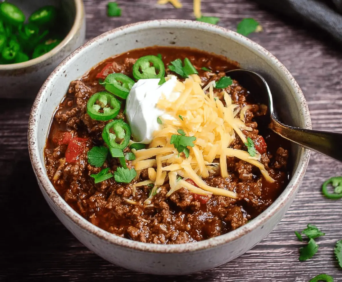 A bowl of hearty low-carb chili topped with shredded cheese and fresh cilantro, served with a side of sliced avocado and chopped green onions.