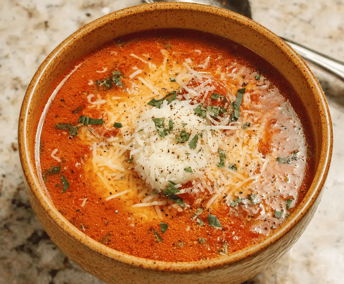 A steaming bowl of low-carb lasagna soup topped with melted cheese, fresh basil, and zucchini noodles, highlighting a healthy and flavorful Italian-inspired meal.