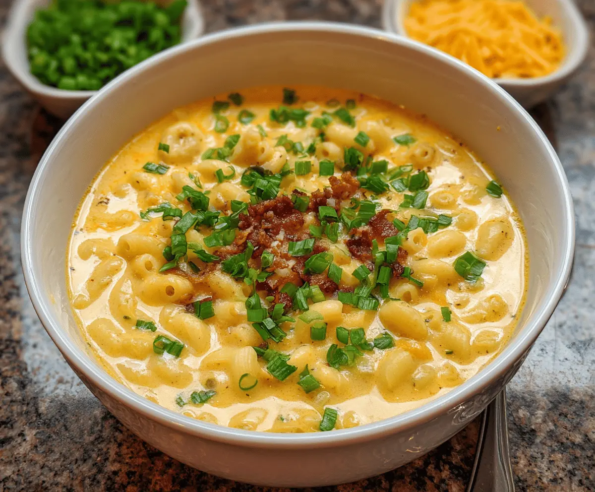 Creamy mac and cheese soup topped with melted cheese and fresh herbs in a bowl, perfect for comfort food lovers