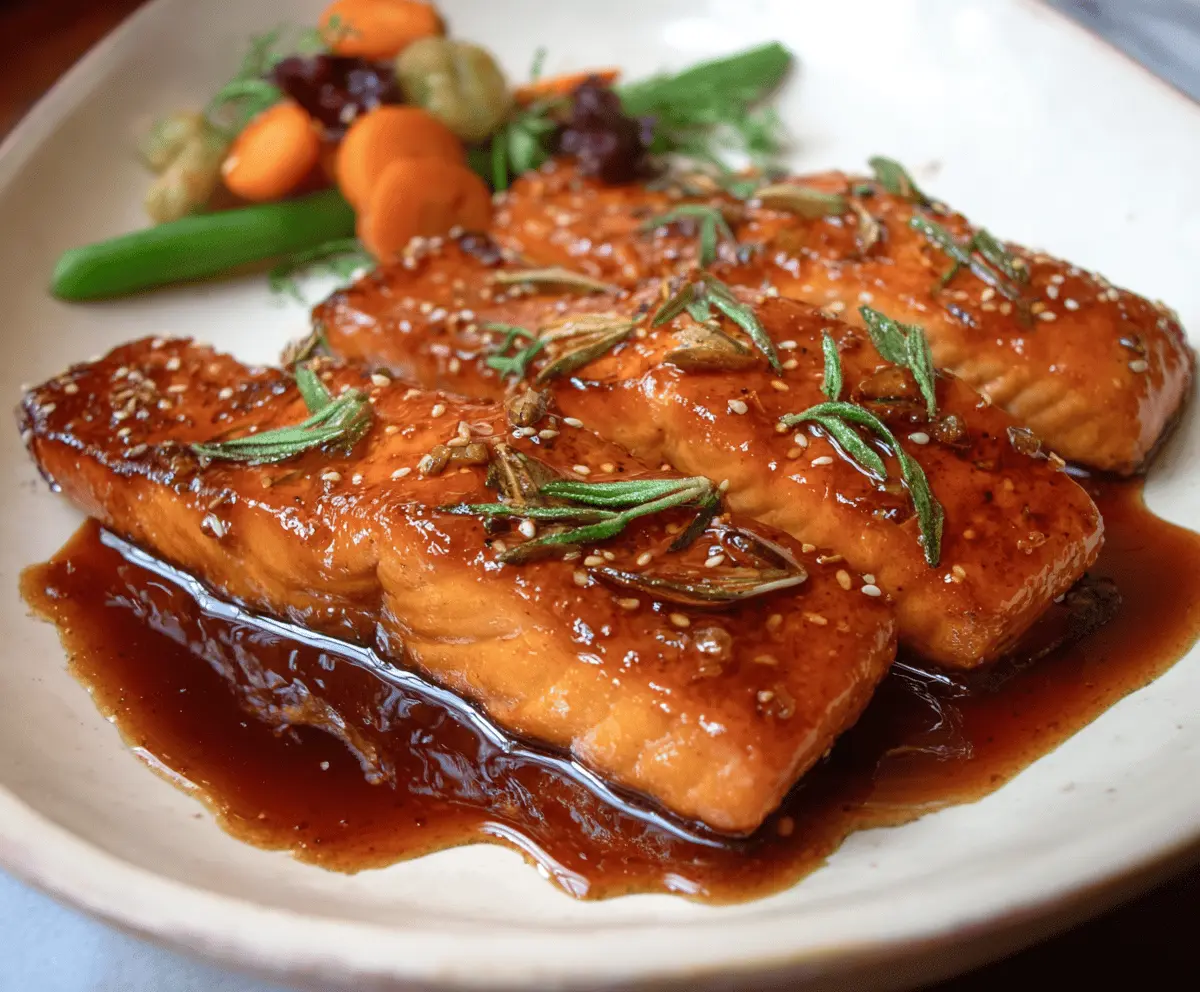 Delicious maple glazed salmon fillet garnished with fresh herbs, served on a white plate with a side of vegetables, perfect for a healthy dinner.