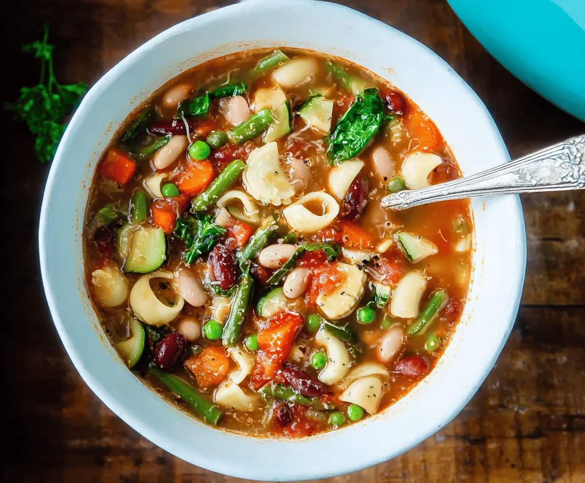 A bowl of hearty minestrone soup filled with vegetables, pasta, and beans, served hot with fresh herbs on top.