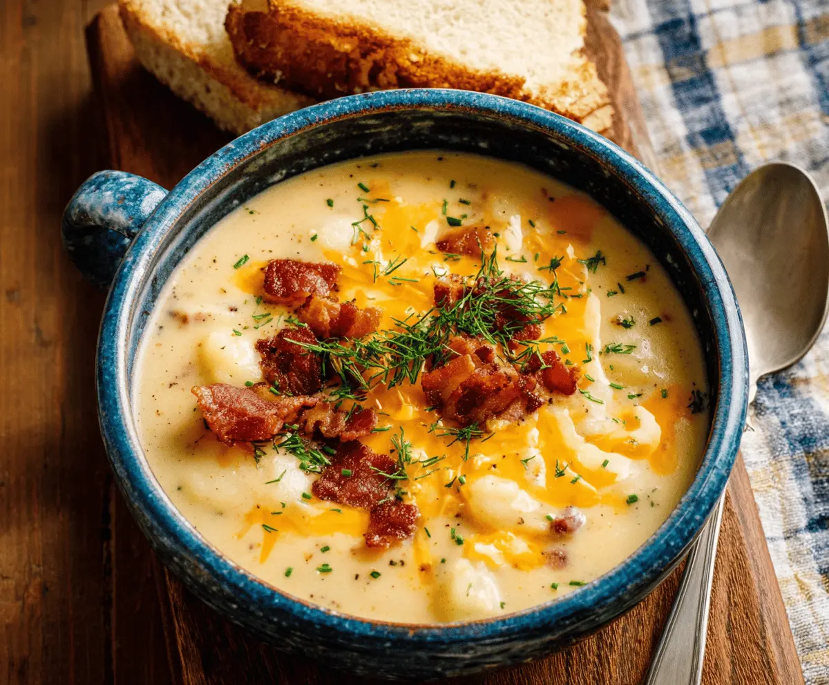 Creamy Outback Potato Soup served in a bowl with fresh herbs and crusty bread on the side.