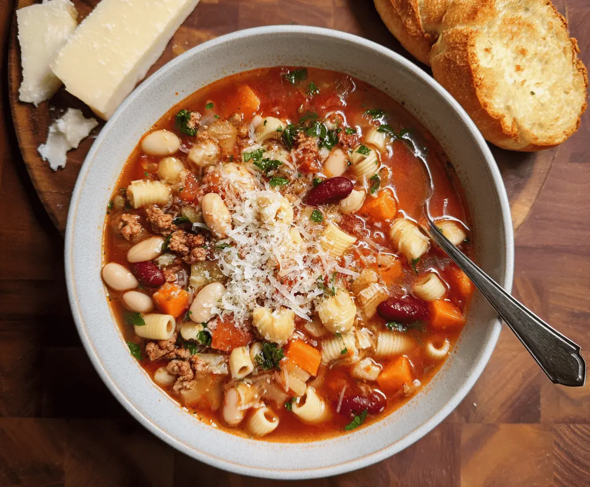 Creamy Pasta e Fagioli soup with beans, pasta, and fresh herbs in a bowl, served with crusty bread on a rustic table.