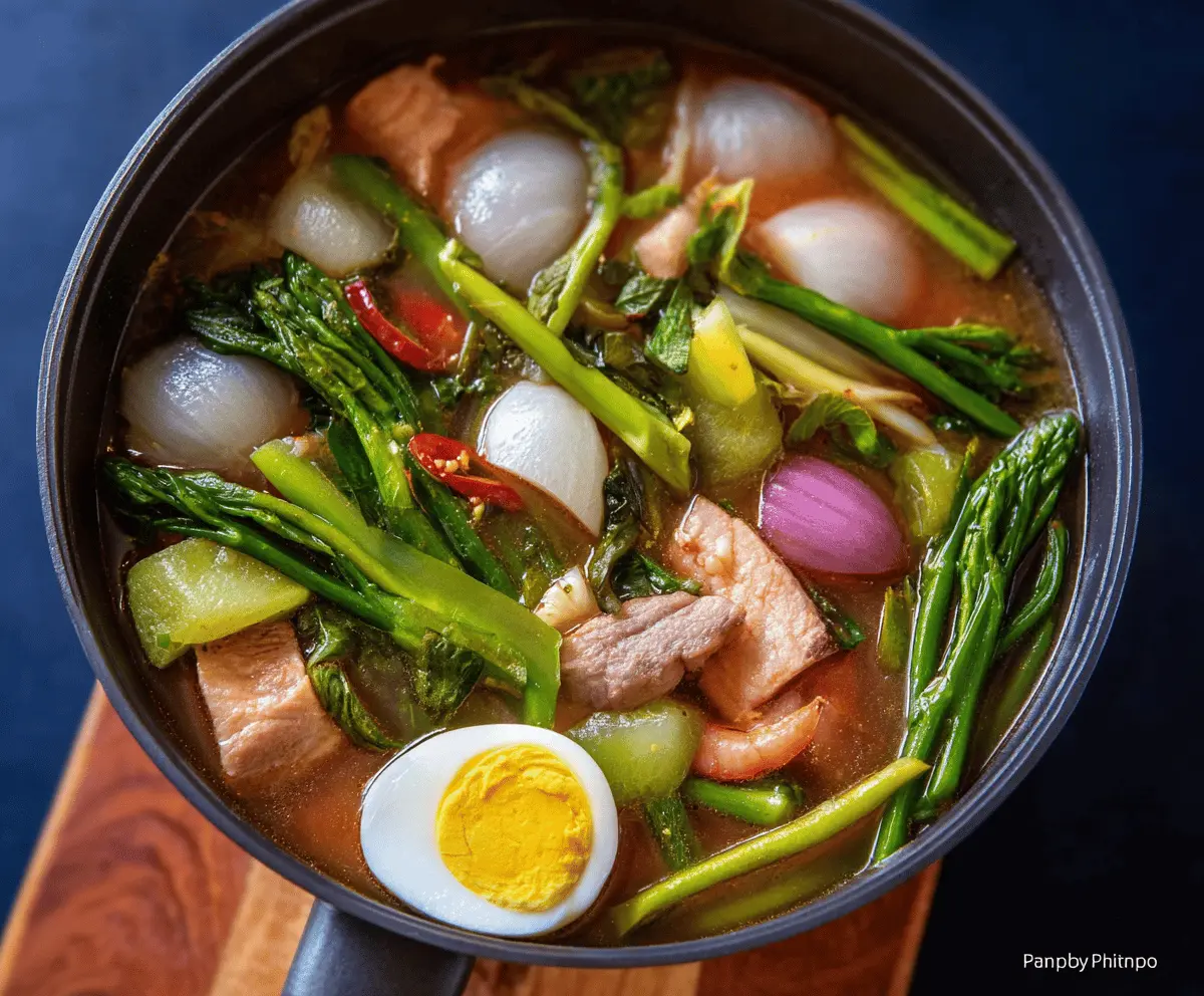 Delicious homemade Pork Sinigang recipe featuring tender pork, sour tamarind broth, fresh vegetables, and aromatic herbs for a traditional Filipino soup dish.