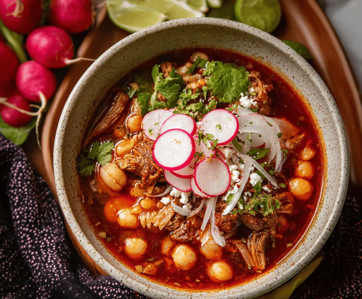 A bowl of traditional pozole soup topped with shredded lettuce, radishes, lime wedges, and chopped herbs, served with corn tortillas on the side.
