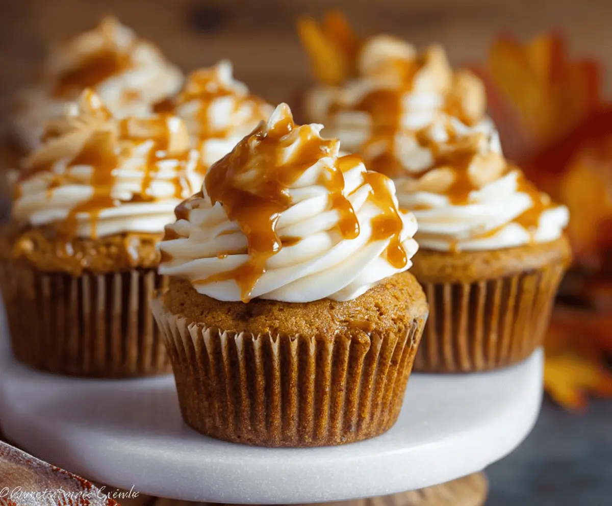 Delicious homemade pumpkin caramel cupcakes topped with whipped cream and caramel drizzle, perfect for fall desserts.