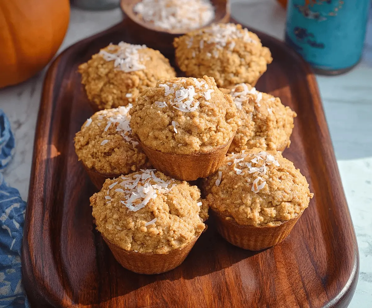 Freshly baked pumpkin coconut muffins with golden tops and a moist, flavorful crumb on a white plate.
