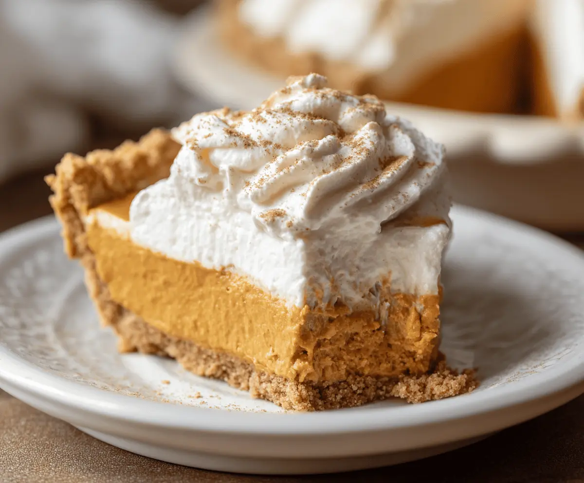 Delicious Pumpkin Cool Whip Pie topped with whipped cream and cinnamon, ready to serve as a seasonal dessert