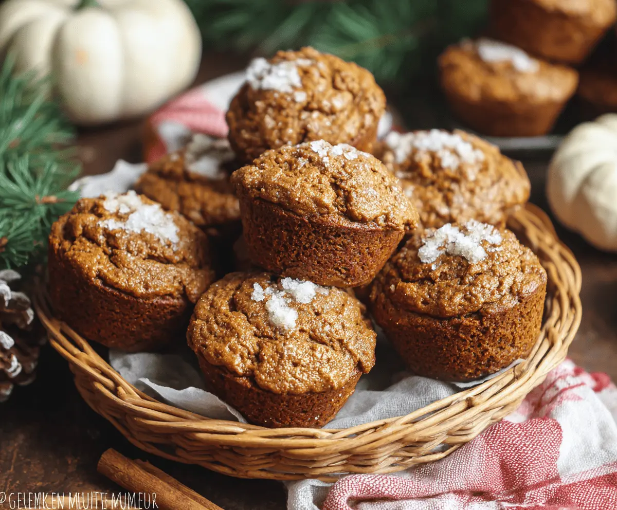 Delicious homemade pumpkin gingerbread muffins topped with powdered sugar, perfect for fall baking and holiday treats.