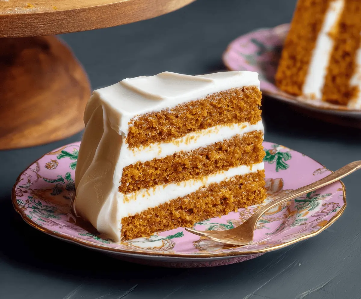 Delicious homemade pumpkin layer cake with cream cheese frosting, topped with pumpkin decorations and spices for a festive fall dessert.