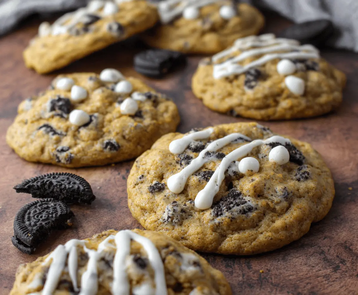 Delicious homemade Pumpkin Oreo White Chocolate Cookies with a golden-brown finish and chunks of Oreo and white chocolate chips on top.